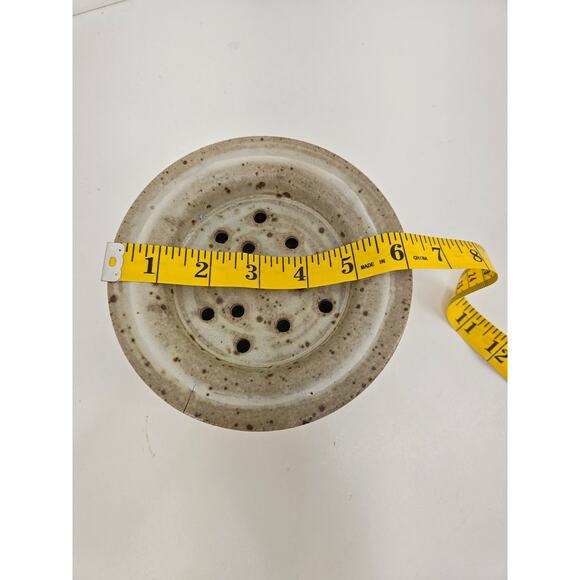 Vintage handmade pottery flower frog bowl earthy tan glaze - Picture 3 of 5